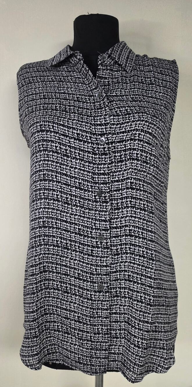 Theory Varinets Tweedy Print 100% Silk Sleeveless Blouse Black White S 0037